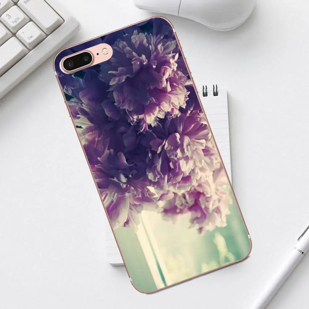 Мягкий резиновый чехол для телефона Love фиолетовые пионы iPhone 4 4S 5 5C SE 6 6S 7 8 Plus X XS Max XR