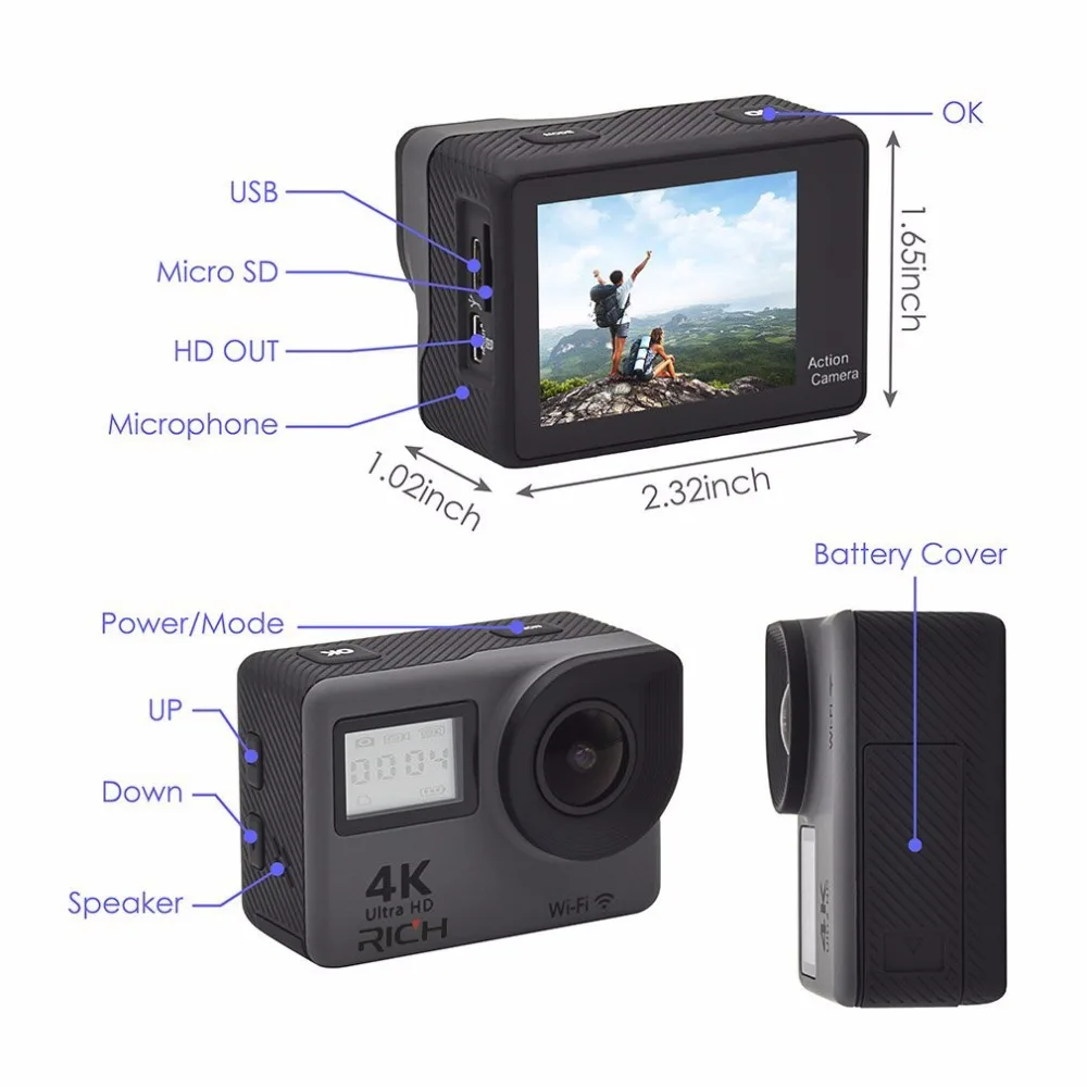 4K Спортивная экшн камера Wi Fi сенсорный экран водонепроницаемая 30 м 1080p Full HD 16 МП