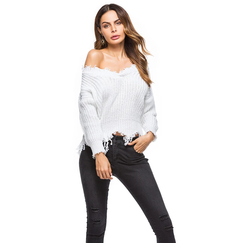 FANTASYONE Tassel Oversize Sweater Women V-neck Pullover Feminino Pull Femme 2017 Jumpers Short White Knitwear Sueter Mujer Fall | Женская