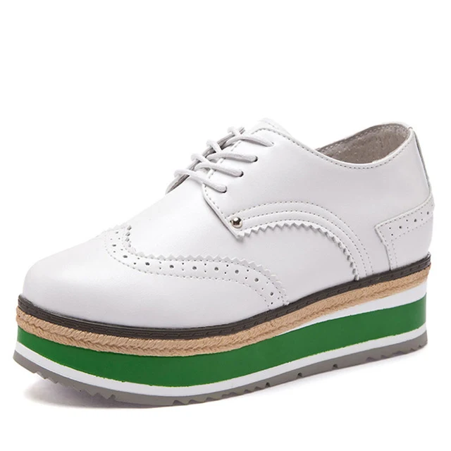 WHITE-GREEN YAERNI/ г.; весенняя женская обувь на плоской платформе; Броги из натуральной кожи; обувь на плоской подошве со шнуровкой; женская повседневная обувь на толстой резиновой подошве; обувь на плоской подошве; Цвет Черный - Цвет: WHITE-GREEN
