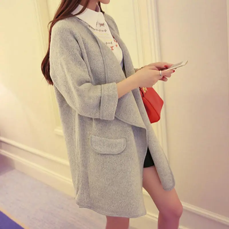 Новинка 2017 осенне-зимний женский кардиган Длинный свободный вязаный однотонный