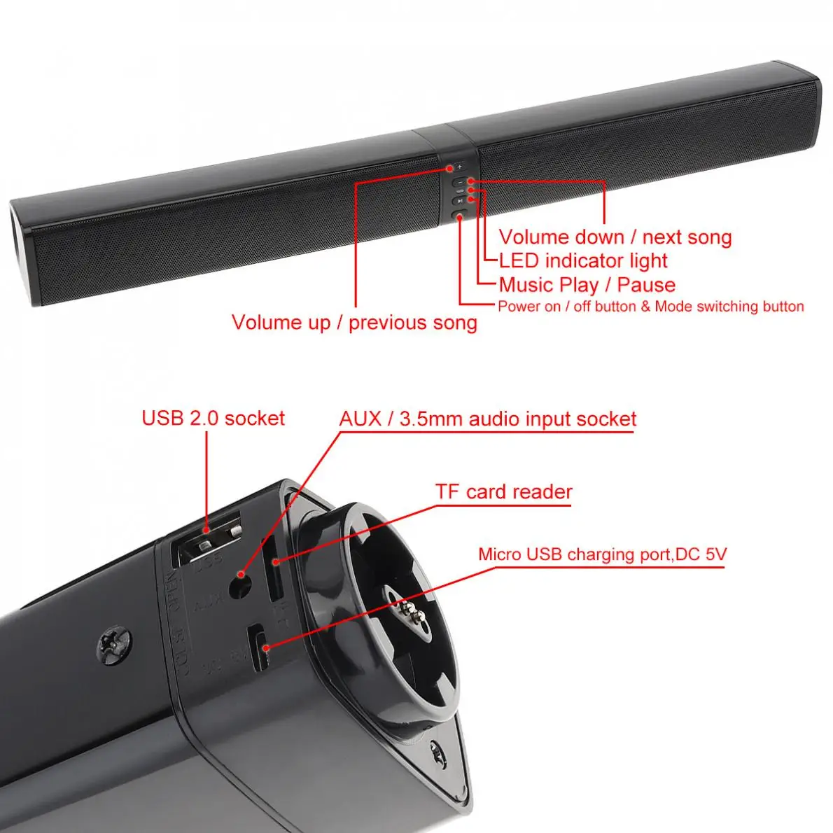 

Home Theater Sensurround Bluetooth-compatible Soundbar Speaker with 4 Full Range Horns Support Foldable & Split for TV PC Phone