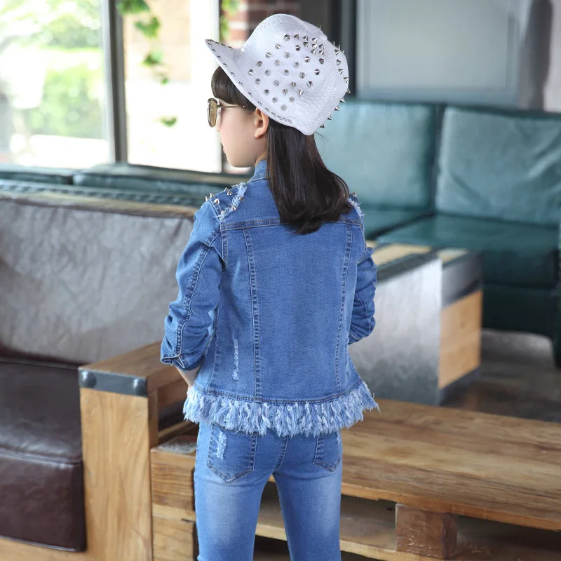 Spring Kids Denim Sets Coat + Jeans Pants Child Casual Outerwear Coat - Autumn Solid Clothing for Girls image 4