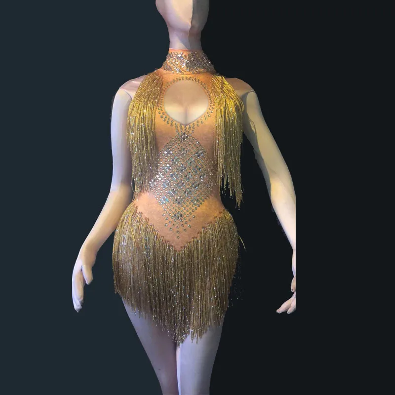 Sexy Sparkly Gold Tassel Bodysuit Rhinestones Outfit Glisten Beads Costume One-piece Dance Wear Singer Jumpsuit Stage Dresses