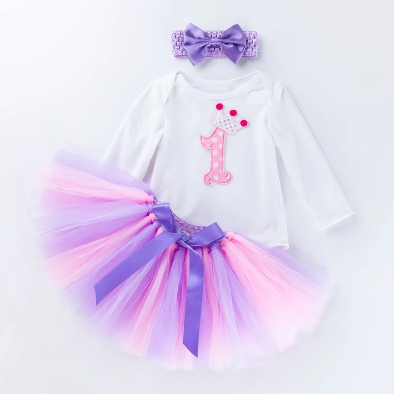 Purple Весенне-летние комплекты одежды для новорожденных девочек на первый день рождения комплект из 3 предметов: боди+ повязка на голову+ платья, милый Кружевной Костюм принцессы с юбкой-пачкой для малышей - Цвет: Purple