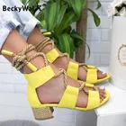 Женские Босоножки на каблуке 4 см, разноцветные Лоскутные туфли с перекрестной шнуровкой, большой размер 35-43, лето 2021, WSH3380