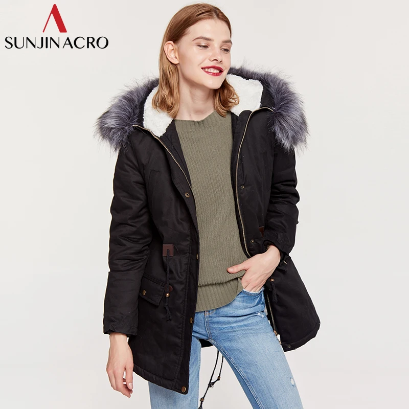 SUNJINACRO Парка женская зимняя куртка утепленная хлопковая верхняя одежда с