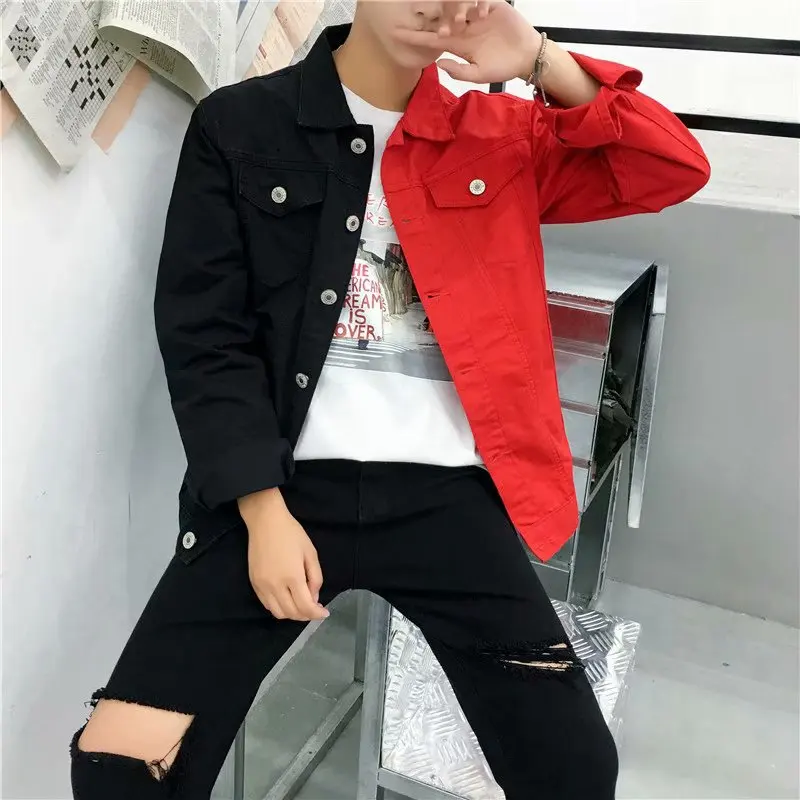 Модная Лоскутная джинсовая куртка Корейская мужская вышивка Slim fit джинсы пальто