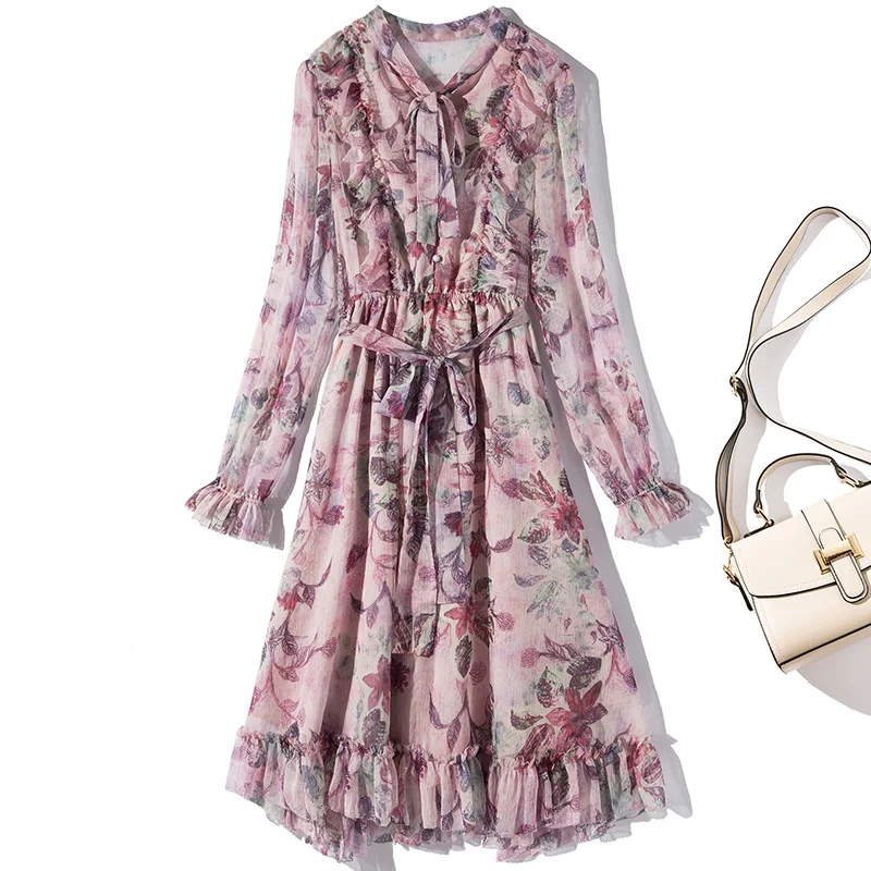 Fashion Women's Flora Print Stand-collars with Bow Dress Elegant Ladies Elastic Waist Long Sleeves C346 | Женская одежда