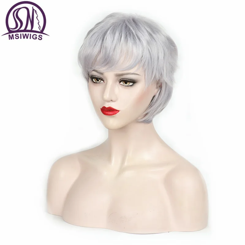 MSI Wigs прямой короткий парик для пожилых женщин Серебряный белый серый синтетические парики с челкой натуральный коричневый Омбре волос парик