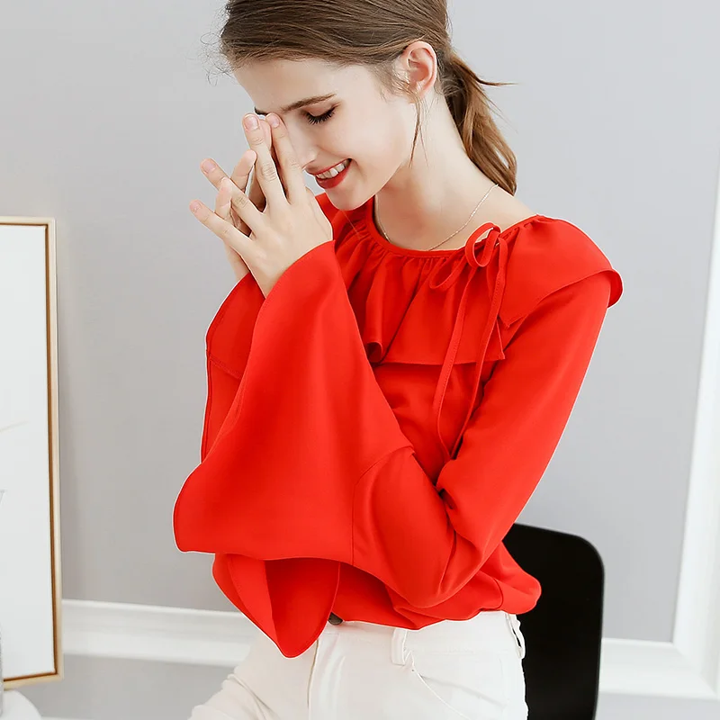 

women polyester blouse long sleeve red pink tops summer autumn Korean fashion casual shirt female clothing