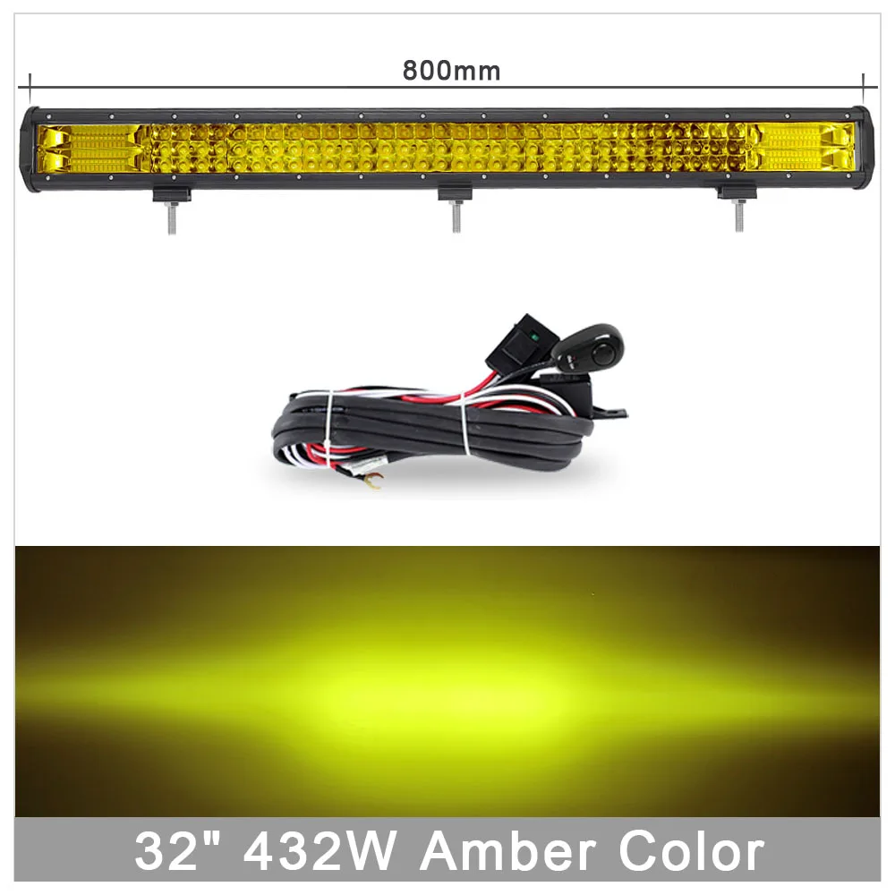 432W With Wire Kit 20 дюймов желтый светодиодный 4x4 внедорожный светильник для внедорожников, 4WD грузовиков, внедорожников, вездеходов, трейлеров, комбинированных лучей, янтарный рабочий светильник для вождения, противотуманная фара - Цвет: 432W With Wire Kit