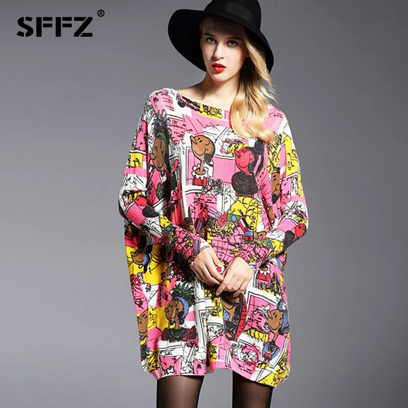 SFFZ 2019 New Autumn Women Long Sweaters Fashion Casual Wool Blend Knitted Sweater Dresses Slash Neck Oversized Pullover 6150 | Женская