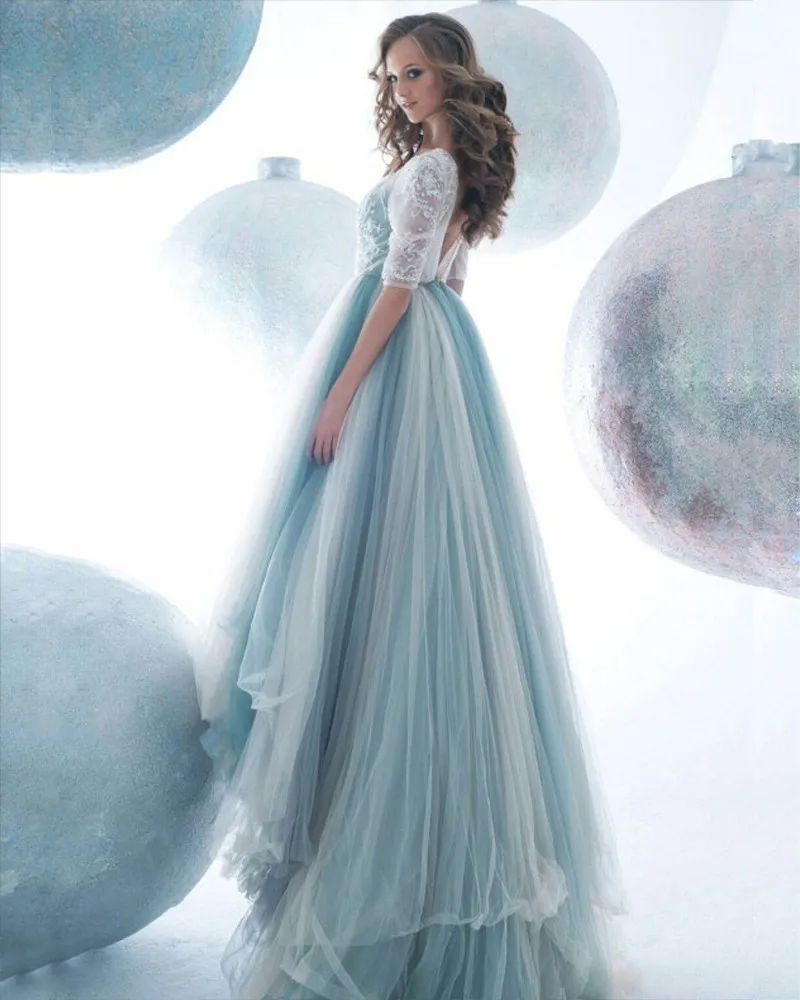 2017 Romantic Light blue A-Line Wedding Dress Elegant Tulle Beading Backless Lace Half Sleeve Promotion Muslim Vestido De Noiva | Свадьбы и
