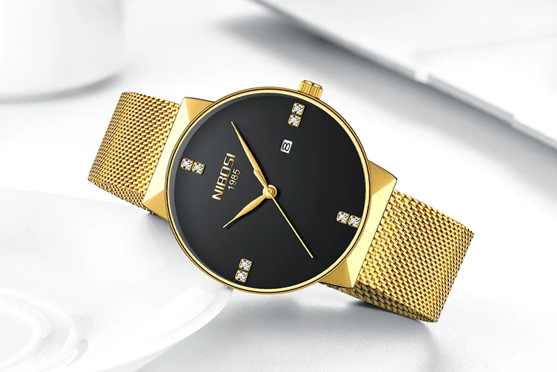 Gold Black M NIBOSI, новинка, модные простые часы, тонкий сетчатый ремешок, мужские нарядные часы, Топ бренд, Роскошные мужские часы, мужские кварцевые наручные часы - Цвет: Gold Black M