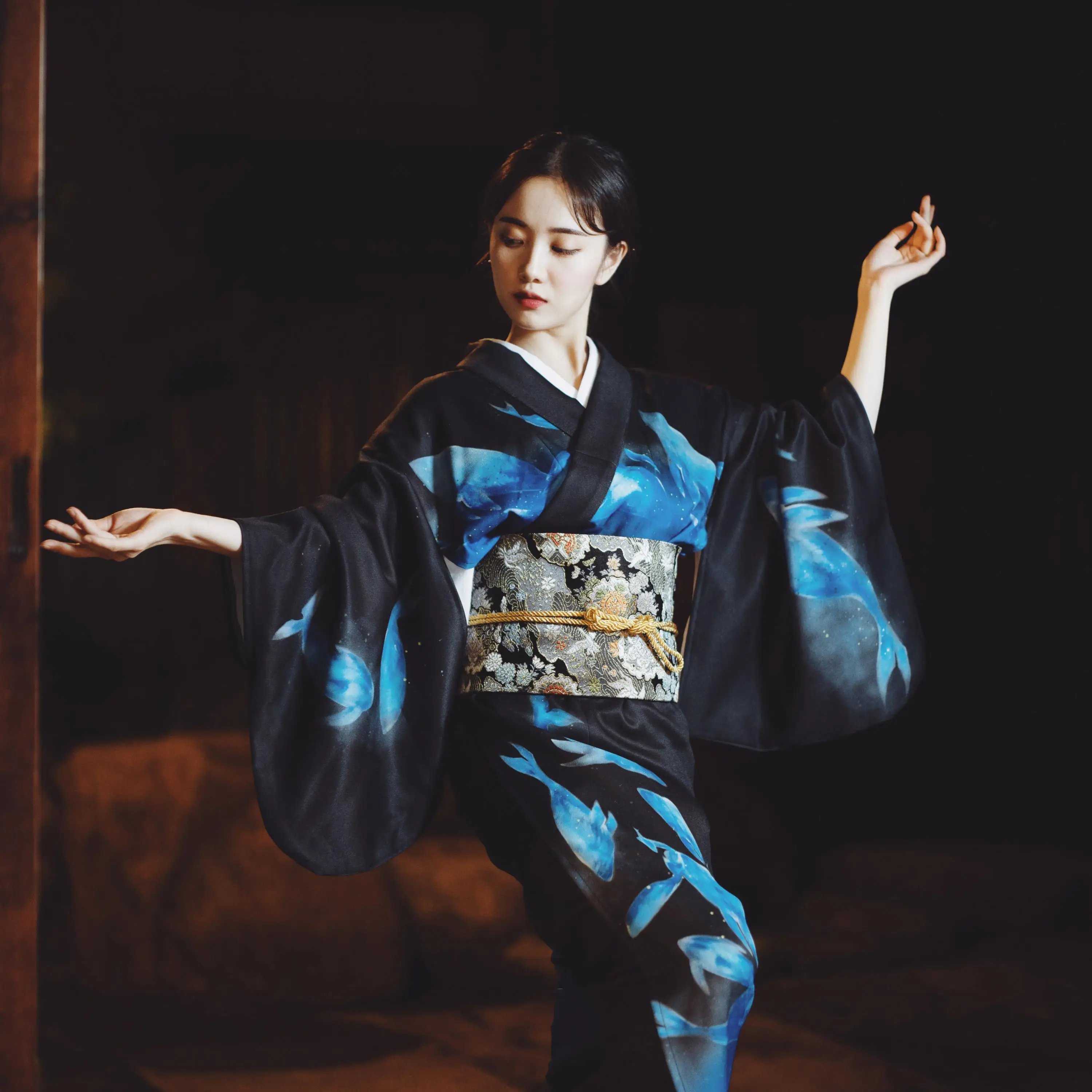 BLACK Vintage Girl Robe Japanese Traditional Kimono Gown Classic Yukata With Obi Women Cosplay Costume Stage Show Clothing - Цвет: Черный