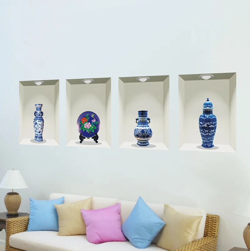 3D винтажная сине белая фарфоровая Наклейка на стену креативный настенный плакат