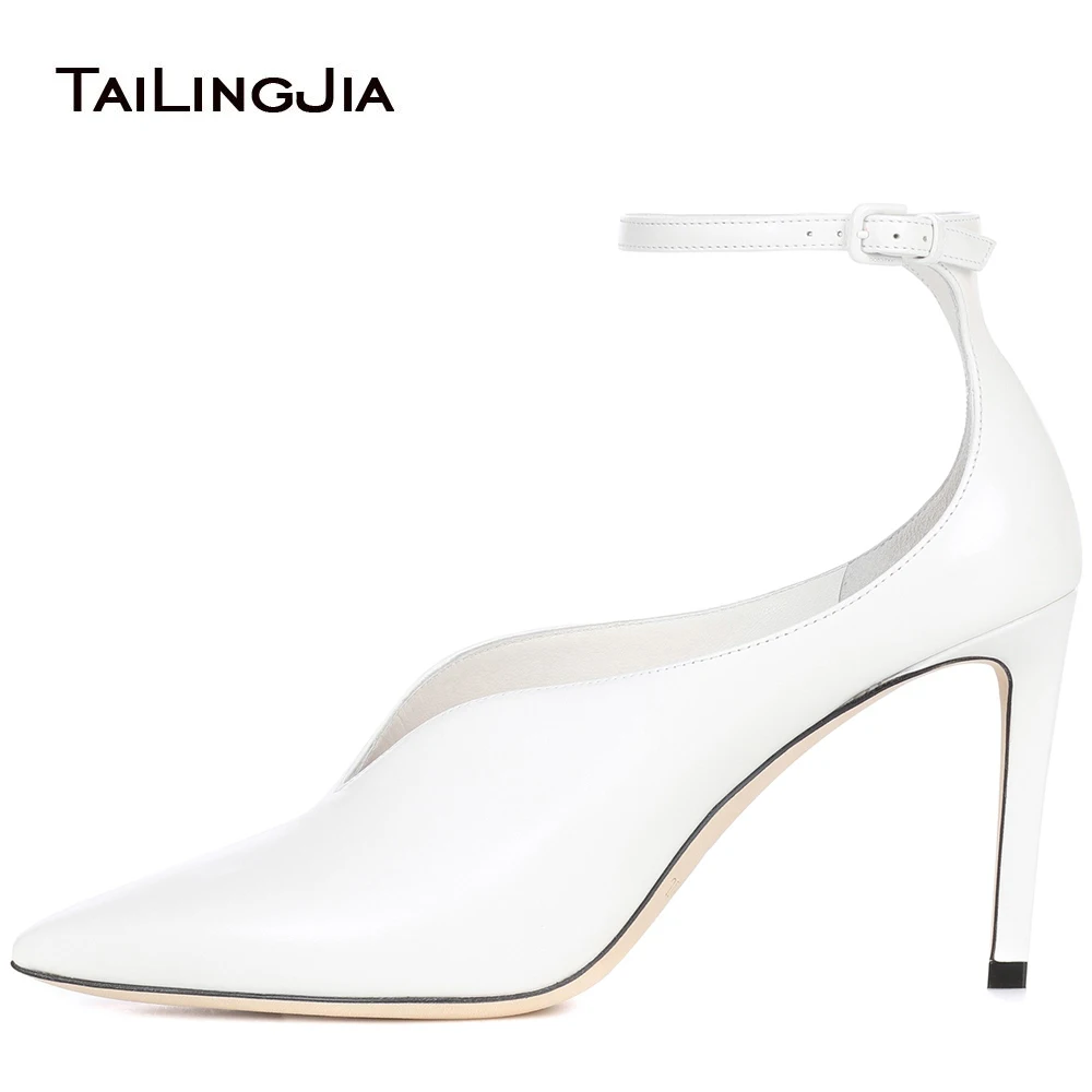 

Pointed Toe High Cut Vamp Stylish Pumps Shoes Women White Wedding Heeled Shoes Ankle Strap Ladies Summer Black Dress Heels 2018