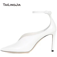 pointed toe high cut vamp stylish pumps shoes women white wedding heeled shoes ankle strap ladies summer black dress heels 2018