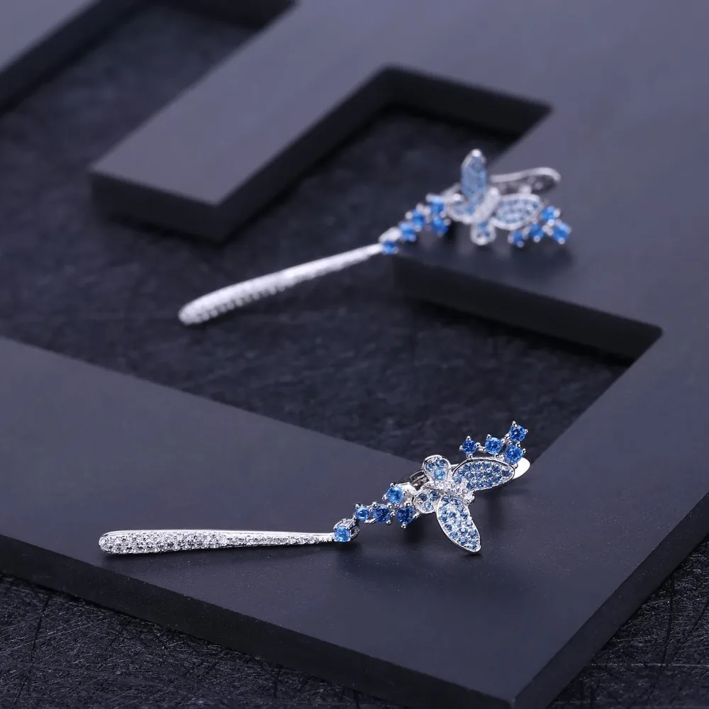 GEM'S BALLET Nano Blue Butterfly Long Drop Earrings 925 Sterling Sliver Vintage Romantic For Women Gift Party Jewelry | Украшения и