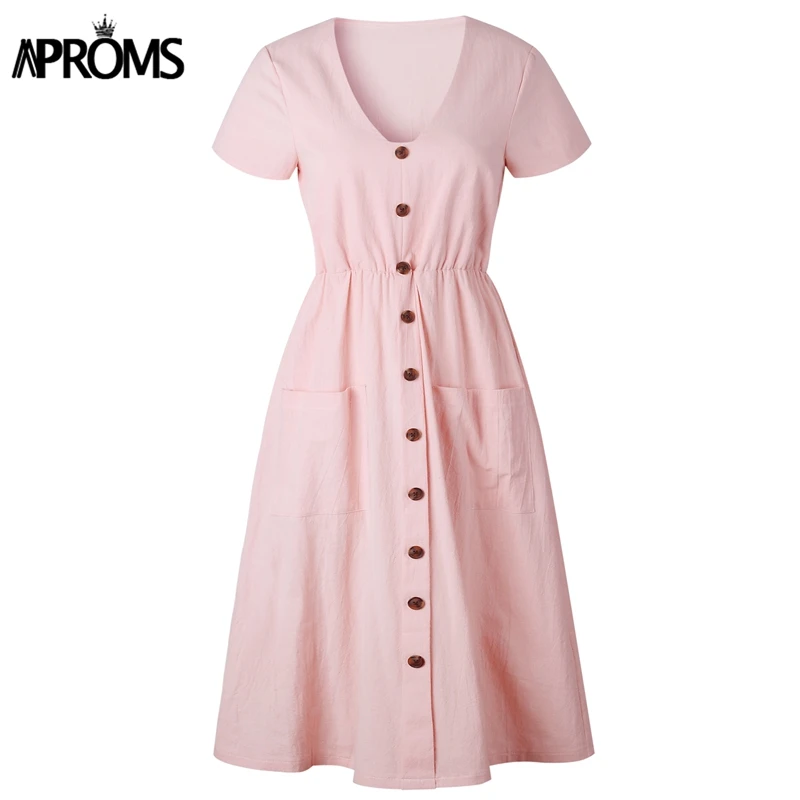 Aproms, одноцветное, цветное, с высокой талией, летнее платье, женское, повседневное, v-образный вырез, пуговицы, длина до колена, платье, Vestidos, женские, с карманами, сарафаны