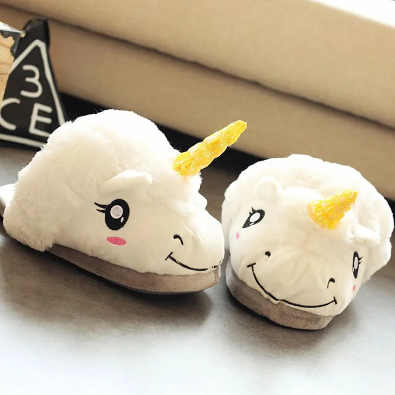 Тапочки для взрослых с единорогом плюшевые хлопковые женские домашние туфли