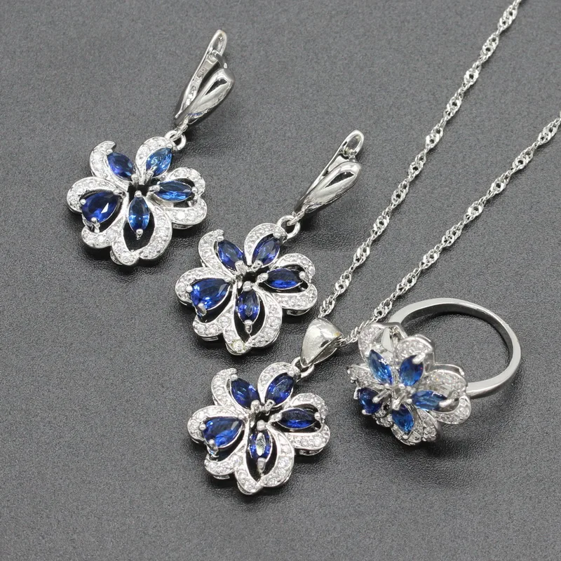925 Silver Wedding Jewelry Sets Flower Shape 3 colors For Women Dangle Earrings Necklace Pendant Ring 2018 Trendy | Украшения и