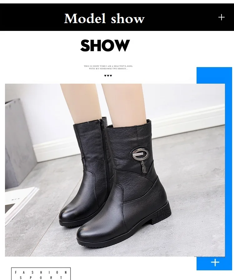 DRKANOL Women Winter Boots Genuine Leather Zipper Square Heel Thick Plush Warm Snow Boots Women Low Heel Mid Calf Boots