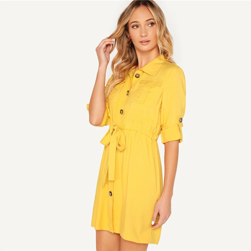 Dotfashion, желтое платье-рубашка с карманами спереди, с отворачивающимся рукавом, с завязками на талии, женское платье, повседневное весеннее прямое платье с длинным рукавом
