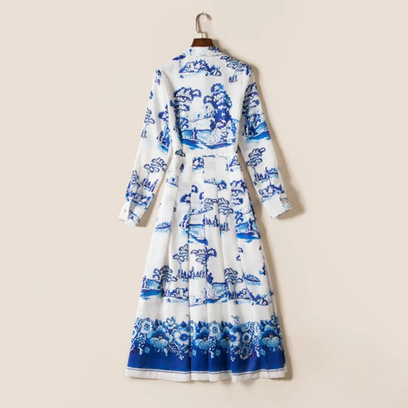 ВЫСОКОЕ КАЧЕСТВО Новые Моды 2017 Дизайнер Dress женская С Длинным Рукавом Синий