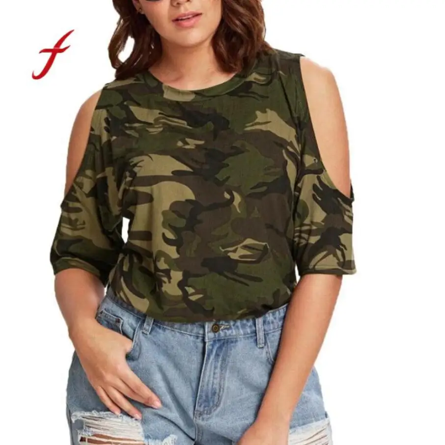 Для женщин Большие размеры камуфляжные Топы Футболки с открытыми плечами модная