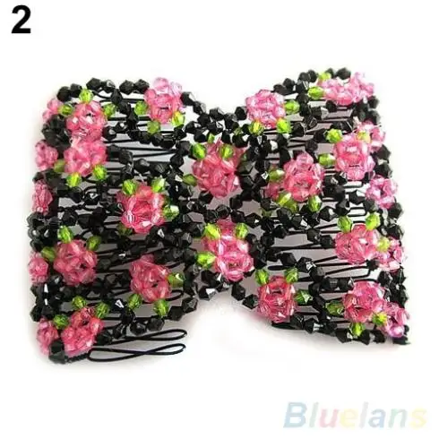 Шикарный эластичный розовый цветок бант стеклянный бисер расческа для волос