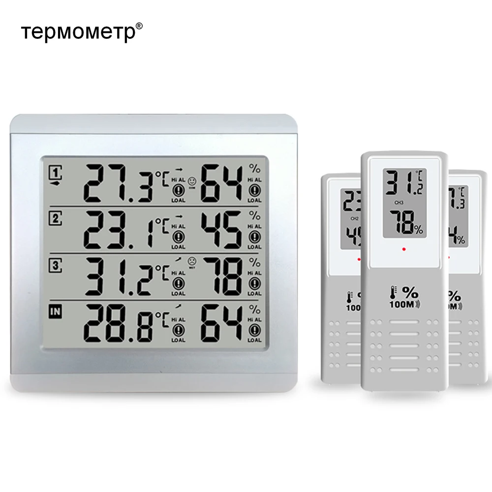 Метеостанция Цифровой термометр гигрометр крытый Открытый датчик температуры и влажности монитор оповещения+ 3 беспроводной передатчик