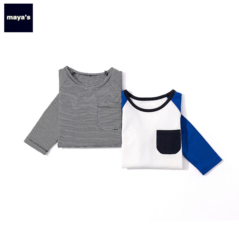 Mayas/Модные полосатые детские весенние модные рубашки осенние Топы с карманами для мальчиков, Повседневная футболка 81160