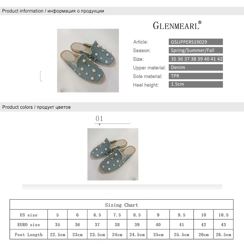 

Women Slippers Summer Shoes Flats Outside Flat Woman Casual Beach Slides Shoes Denim Pearl Vamp Fashion Female Slippers DE