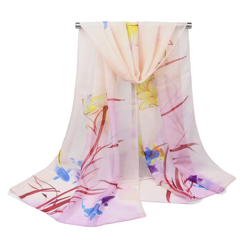 Woman Scarf New Arrival 2018 Summer Thin Silk Wild Chiffon Lotus Print Shawl Beach Towel Scarves for Ladies |