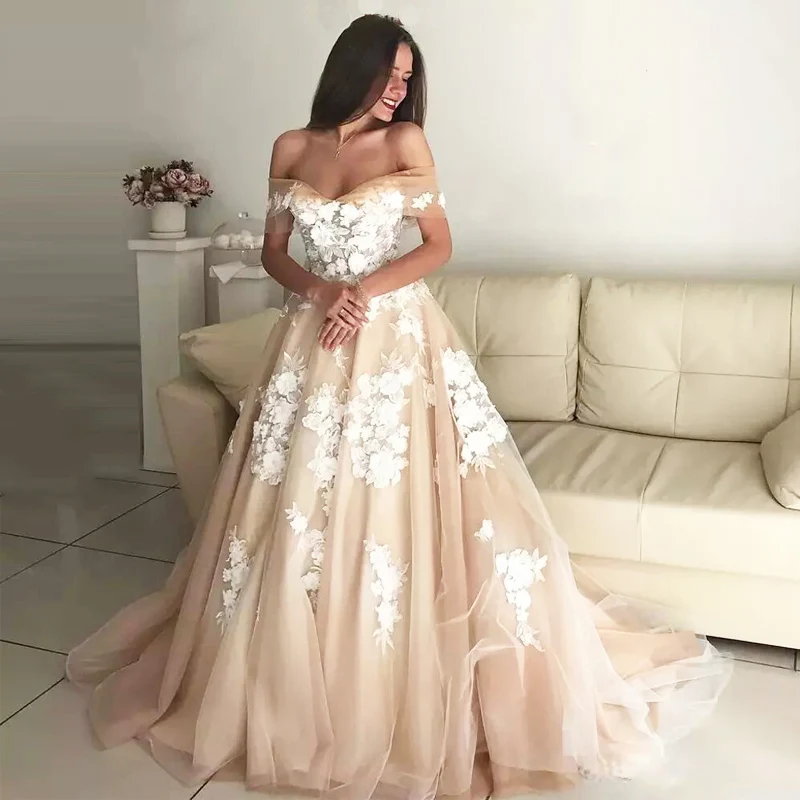 

Robe de mariee Romantic A Line Champagne Tulle Wedding Dresses Off The Shoulder White Appliques Bridal Wedding Gown