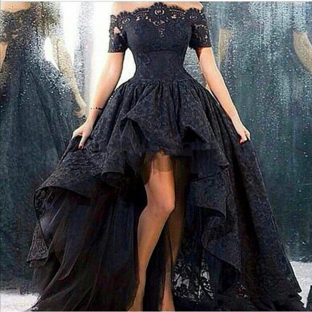 

2021 Sexy Black New Off Shoulders Full Lace Prom Dresses Short Sleeves Lace High Low Party Vestidos De Fiesta Evening Dresses