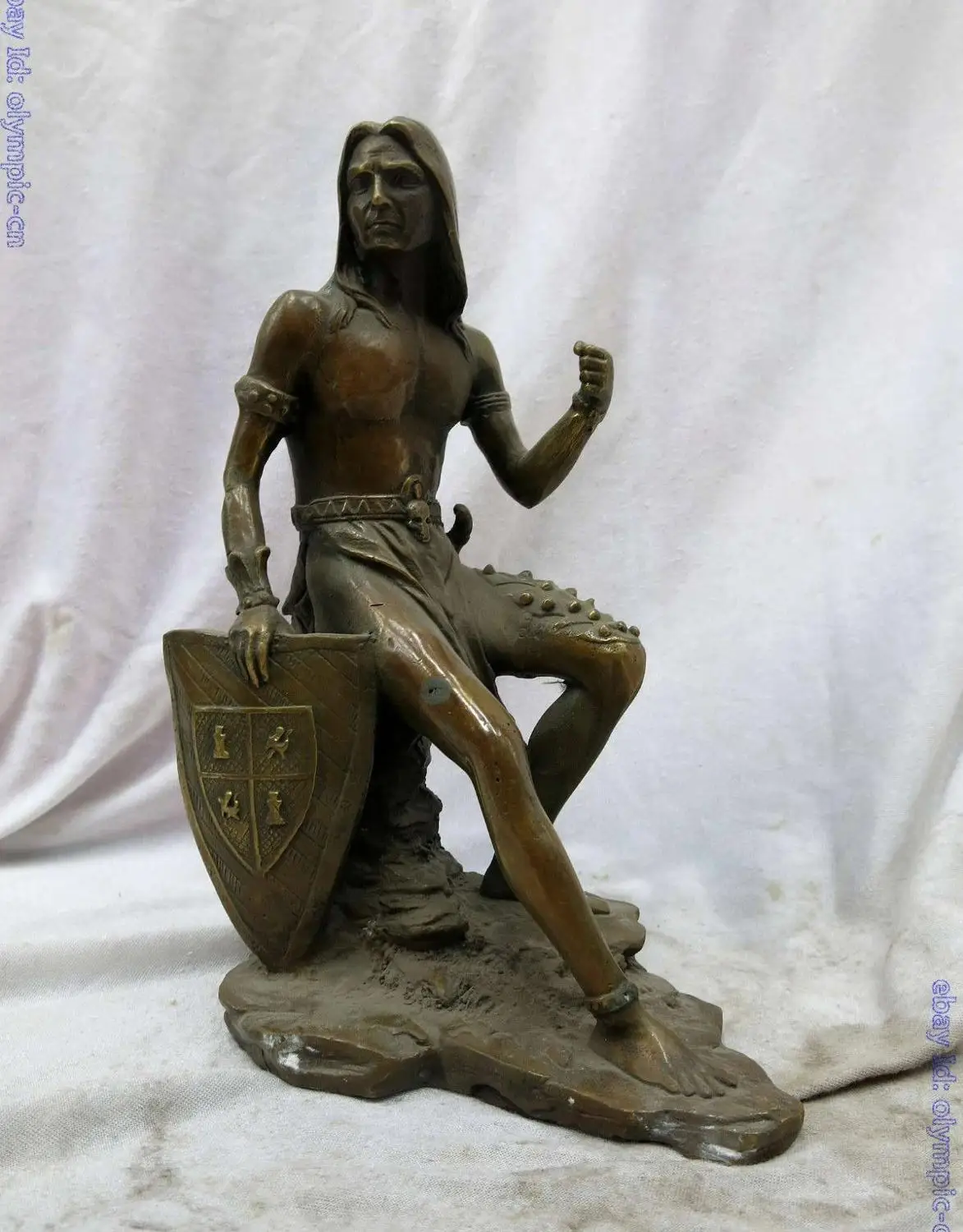 

11" China brass copper carved fine Sparta shield man of prowess Sculpture Statue