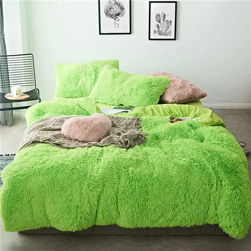 green Новые длинные волосы флисовый комплект постельного белья 5 шт./компл.(пододеяльник+ простынь+ 2 наволочки+ 1 подушка) фланелевые зимние теплые Комплект постельного белья - Цвет: green