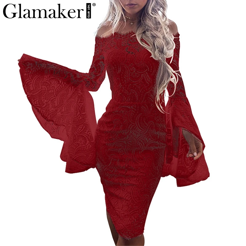 Glamaker, сексуальное кружевное женское платье с открытыми плечами, платье с расклешенными рукавами, облегающее летнее платье, вечерние, элегантные платья, vestido de festa