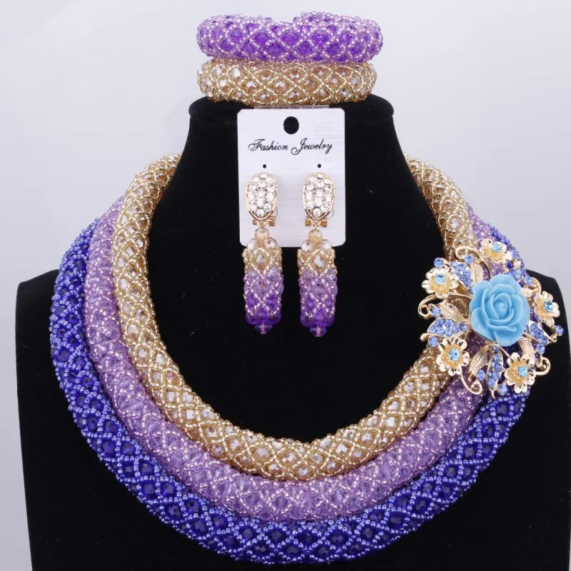 Lilac Blue Gold Nigerian Wedding African Beads Jewelry Set Crystal Women Costume Three Layers | Украшения и аксессуары