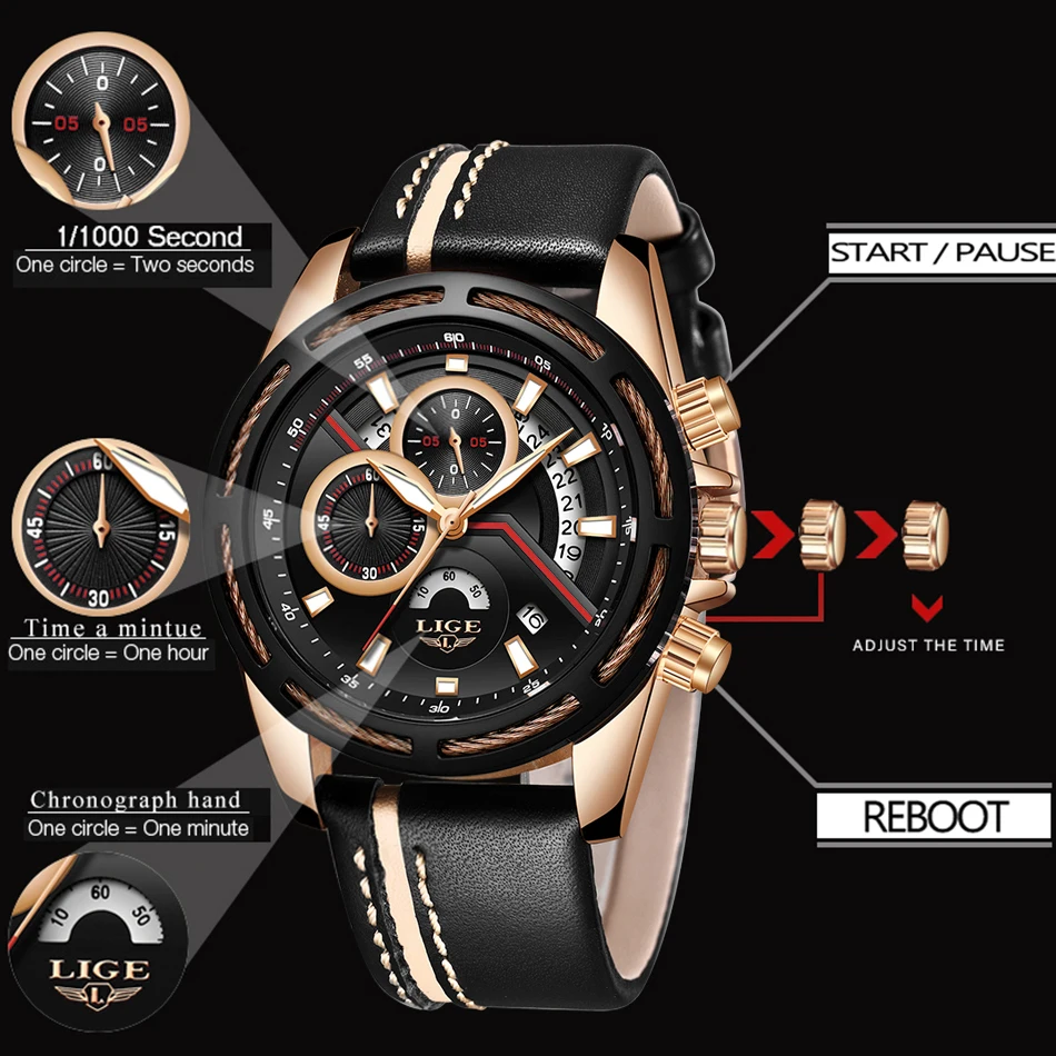 Relojes Hombre LIGE, мужские спортивные часы, хронограф, кожаный ремешок, кварцевые армейские военные часы, часы для мужчин, лучший бренд, Роскошные мужские часы