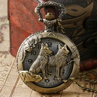 retro bronze hollow double dogs design quartz pendant fob pocket watch with necklace chain best gift