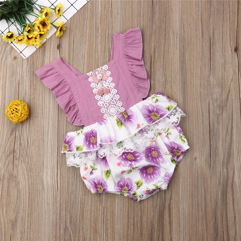 

Toddler Baby Girls Clothes Ruffle Floral print Lace backless Jumpsuit square collar sleeveless kids cotton Bodysuit one pieces