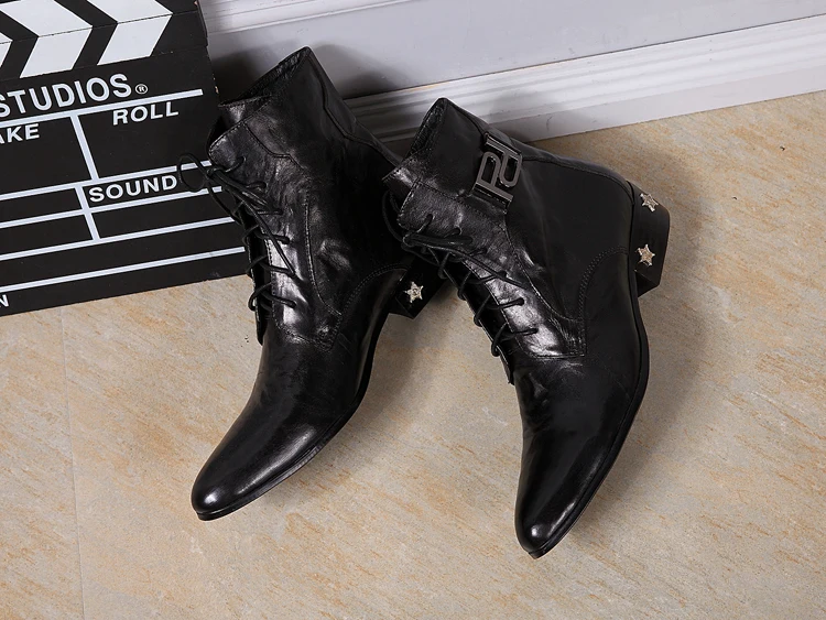 

Real Leather Lace up Man Fashion Knight Boots Black Cowboy Male Boots Shoes 2018 Punk Style Men Winter Ankle Boots Sapatos