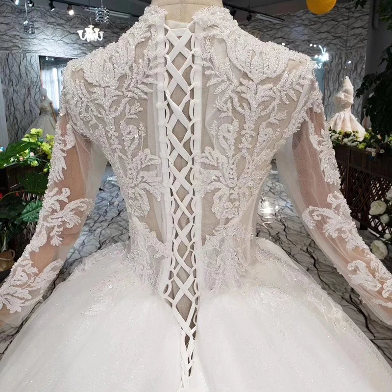 

HTL362 muslim ball gown Wedding Dresses 2020 with long sleeves O-neck floor length beauty bridal dress wedding gowns like white