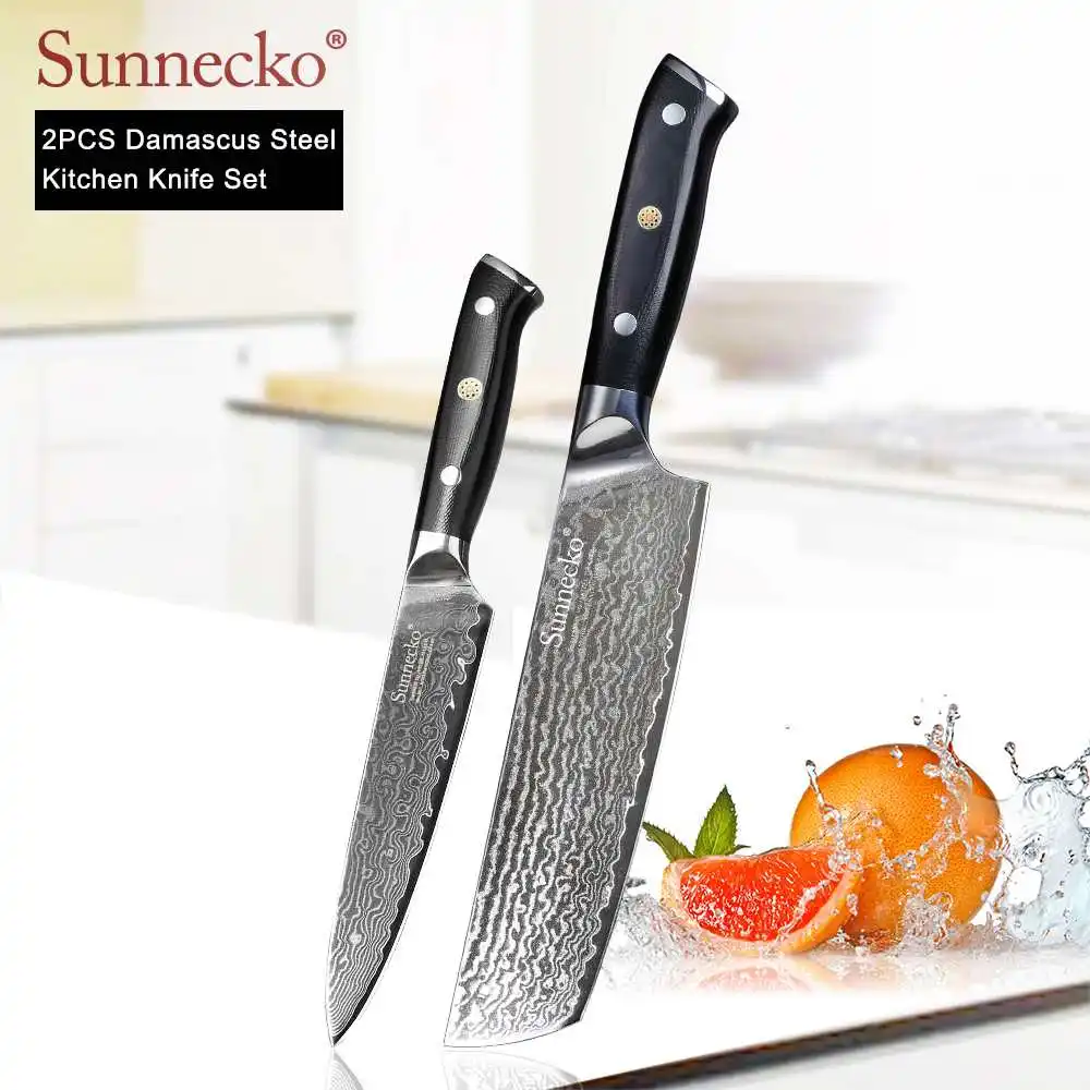 2pcs Set D SUNNECKO дамасский нож шеф-повара Santoku для нарезки овощей нож для стейка нож для хлеба Дамасская сталь набор кухонных ножей G10 Ручка - Цвет: 2pcs Set D