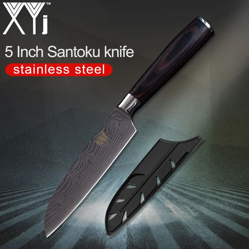 5 inch santoku knife XYj фирменные кухонные ножи 3," 5" " 8" дюймов, нож из нержавеющей стали, имитация Дамасского узора, фруктовый нож сантоку, нож шеф-повара - Цвет: 5 inch santoku knife