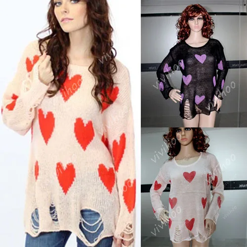 Хит продаж женский свитер блузка любовь персик сердце отверстие на шее полный